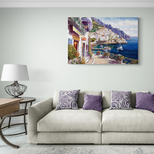 Pintura al óleo de un pintoresco pueblo mediterráneo en la costa"