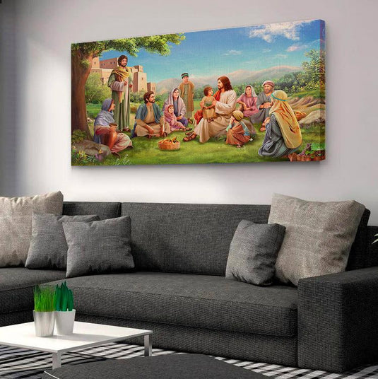 Pintura de Jesús enseñando a niños rodeado de un paisaje natural.