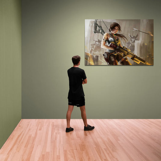 Cuadro decorativo de Lara Croft armada estilo arte digital – pintura gamer de acción para decoración