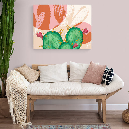 Cuadro decorativo de nopal con tunas en estilo ilustrativo, arte botánico moderno con fondo abstracto en tonos cálidos.