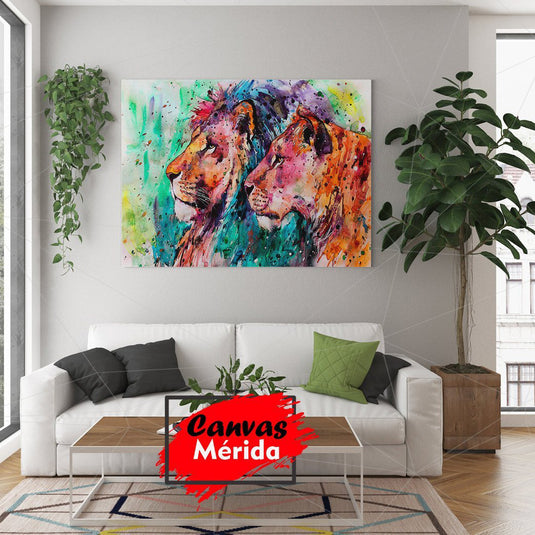 Lienzo de dos leones en acuarela en sala de estar moderna