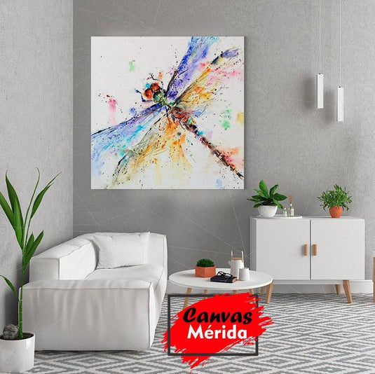 Lienzo de libélula en estilo acuarela con explosión de colores