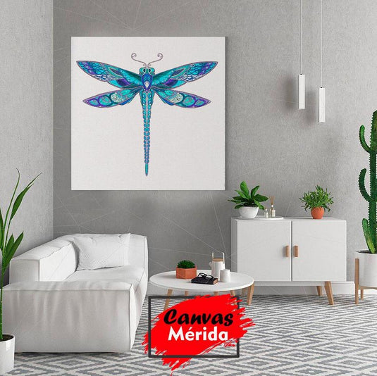 Lienzo de libélula azul y morada con diseño simétrico
