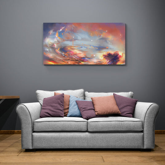 Pintura abstracta con colores cálidos y detalles nebulosos, inspirada en un cielo celestial.