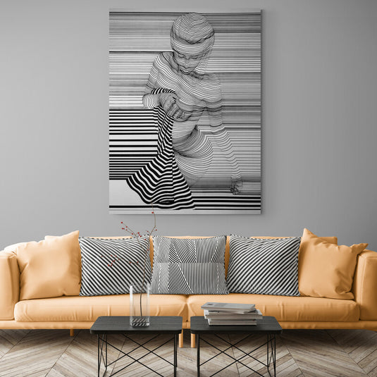 Figura abstracta en arte óptico con líneas entrelazadas en blanco y negro