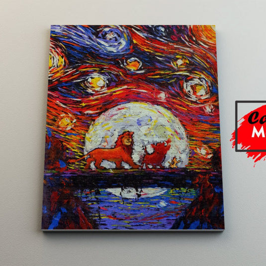 Cuadro decorativo El Rey León estilo Van Gogh con Simba Hakuna Matata sobre puente nocturno