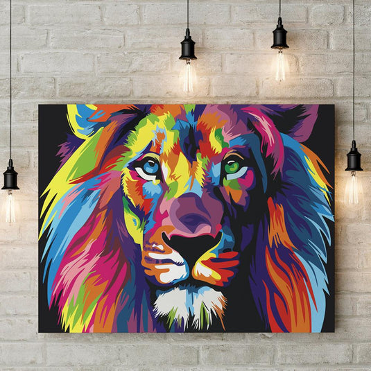 Cuadro decorativo de león en colores neón sobre fondo negro