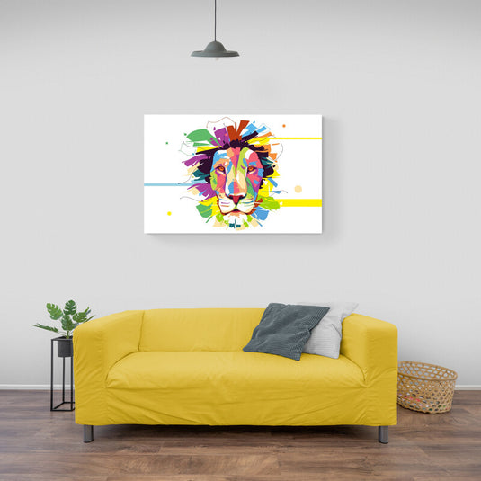 Cuadro de león en estilo abstracto y colores vibrantes