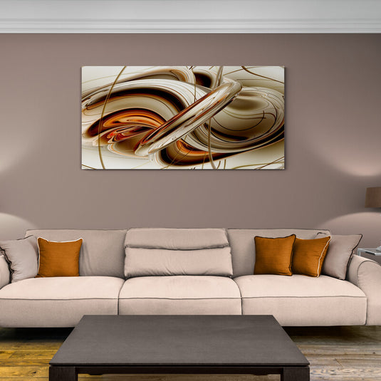 Cuadro abstracto moderno con líneas y formas dinámicas en tonos neutros y naranja