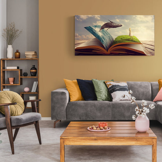 Lienzo de libro abierto con escenas de fantasía emergentes