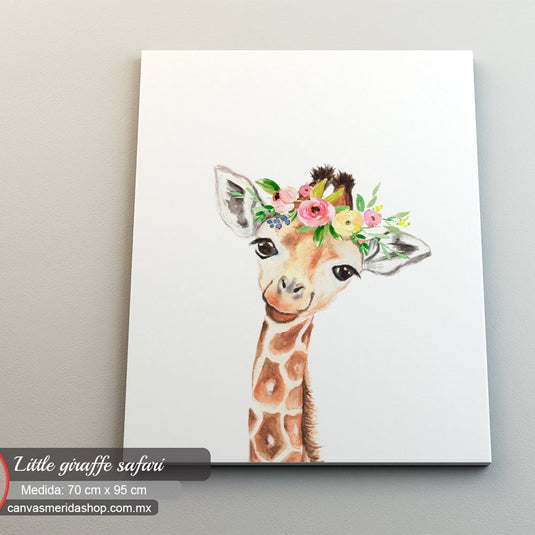 "Jirafa ilustrada con corona de flores acuareladas"