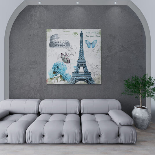 Collage de la Torre Eiffel con mariposas y flores