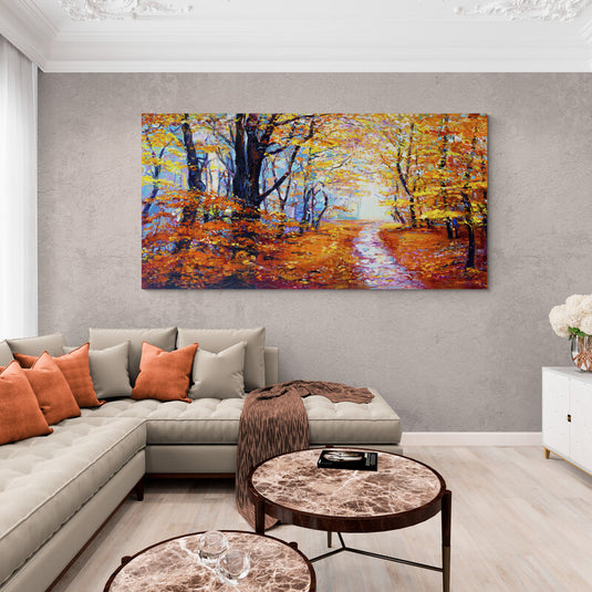 Cuadro decorativo de bosque otoñal con árboles y hojas en tonos amarillo, naranja y toques de azul