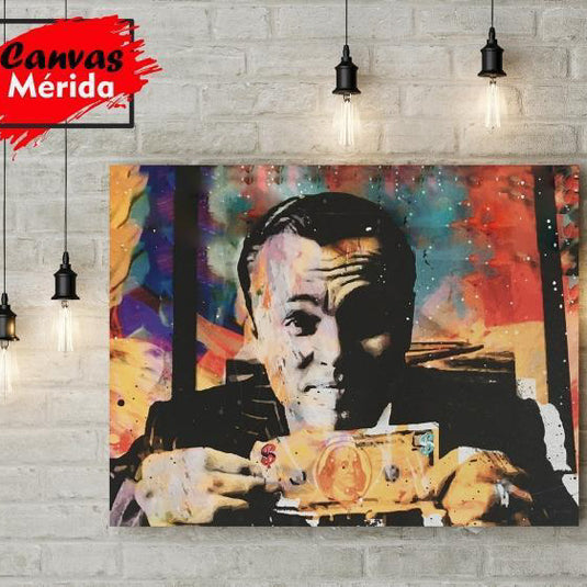 Cuadro pop-art del Lobo de Wall Street con billete, arte urbano colorido y provocador para decoración moderna y atrevida.