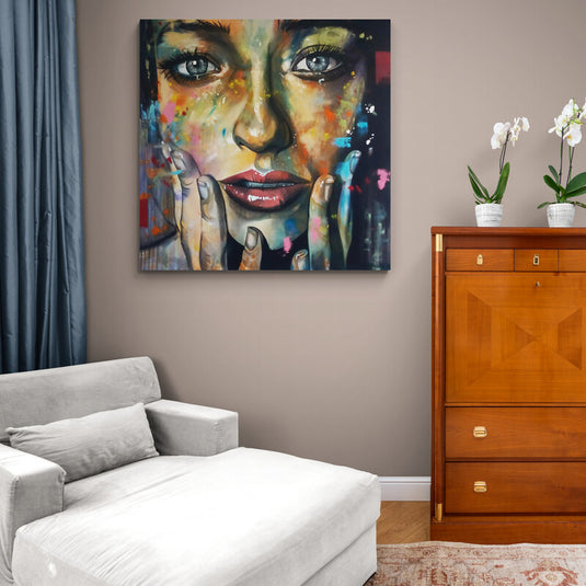 Retrato abstracto de mujer con detalles vibrantes y mirada intensa