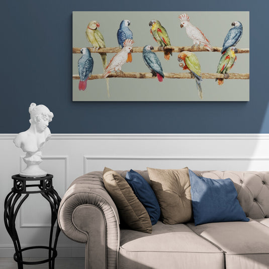 Cuadro decorativo: Loros en palos sobre fondo verde frío y opaco