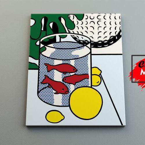 Obra de arte gráfica con peces rojos en un vaso, limones amarillos y patrones de puntos y líneas.