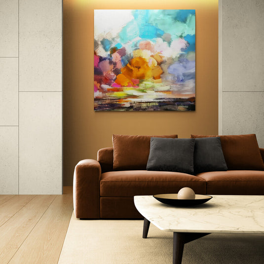 Cuadro moderno con paisaje abstracto colorido y expresivo