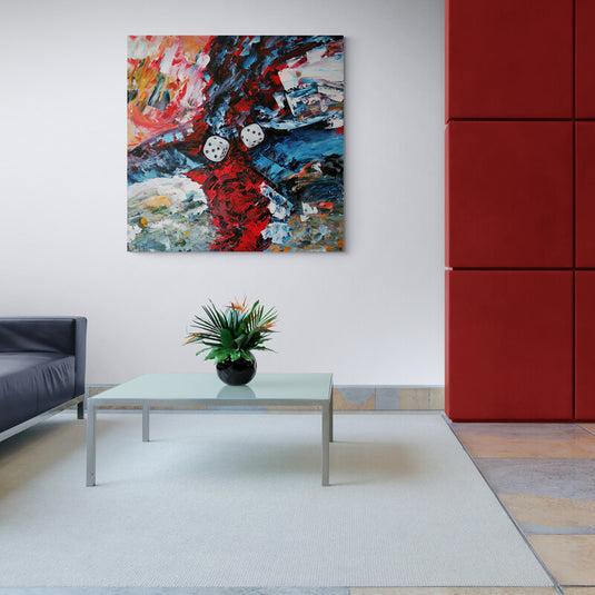 Pintura abstracta con tonos intensos de rojo y azul, con dados en el centro.