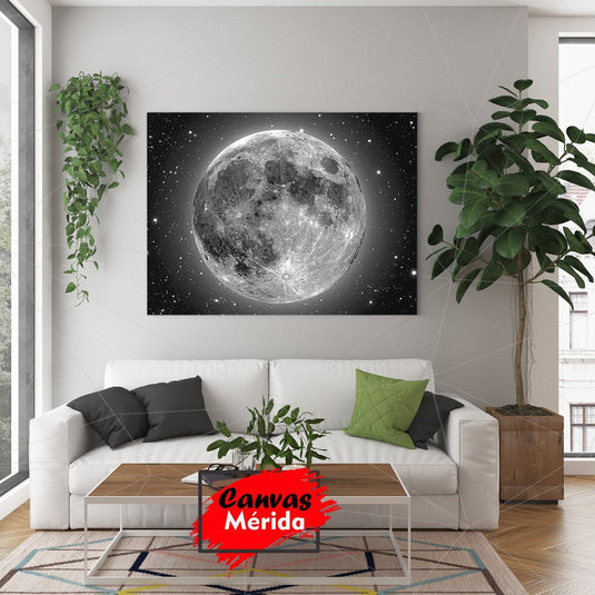 Cuadro decorativo de luna llena en blanco y negro con estrellas, arte espacial realista para sala moderna o minimalista.