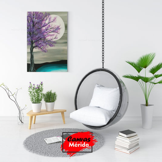 Cuadro decorativo con luna llena, árbol de tronco delgado y hojas moradas sobre suelo negro y azul con fondo crema