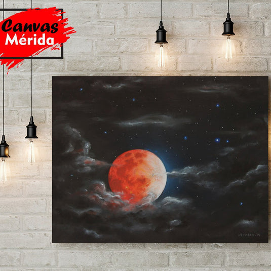 Cuadro realista de luna roja entre nubes y estrellas, arte místico y astronómico para decoración nocturna o espiritual.