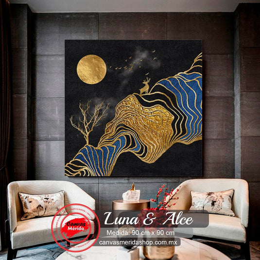 Luna dorada y pájaros sobre fondo negro, camino abstracto en tonos dorados y azules, árbol sin hojas y ciervo dorado en composición artística.