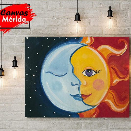 Cuadro de sol y luna fusionados en estilo artístico colorido, decoración espiritual y armoniosa para interiores bohemios.