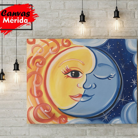Cuadro artístico del sol y la luna unidos en estilo fantasía, decoración simbólica y colorida para espacios espirituales o bohemios.