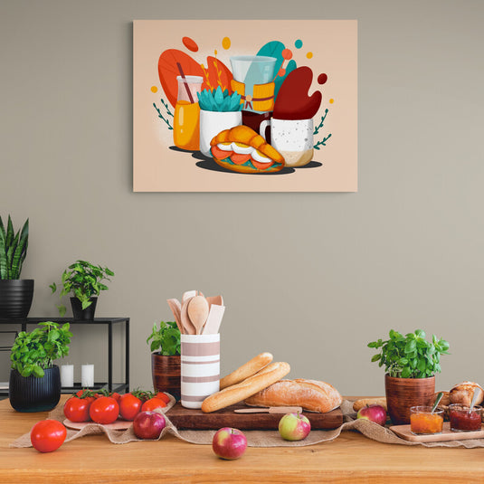 Cuadro ilustrado de desayuno colorido con pan, café y jugo, arte decorativo alegre para cocina o comedor moderno.