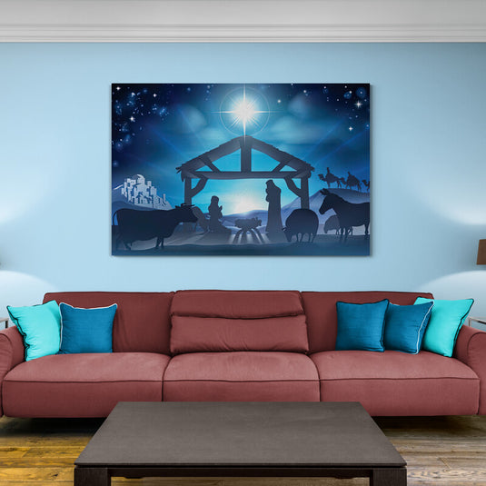 Siluetas del Nacimiento de Jesús en Tonos Azules: Sagrada Familia, Reyes Magos, Castillo de Herodes y Estrella de Belén