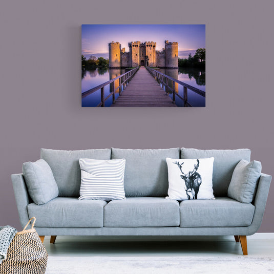 Cuadro de castillo con puente estilo medieval.