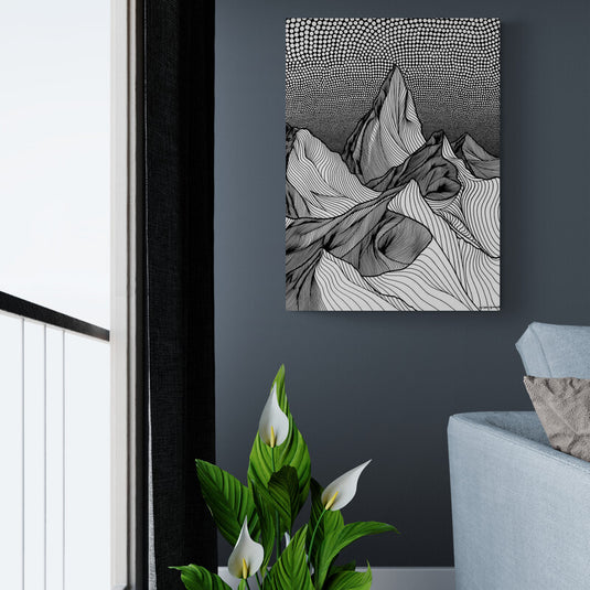 Ilustración en blanco y negro de montañas con técnica de línea y punteado para textura y profundidad