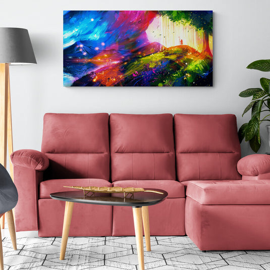 Paisaje abstracto con colores vivos y elementos fantásticos.