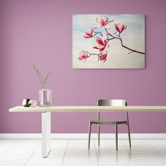 Cuadro_decorativo_fondo_azul_blanco_rama_con_flores_magnolias_rosa_blanco