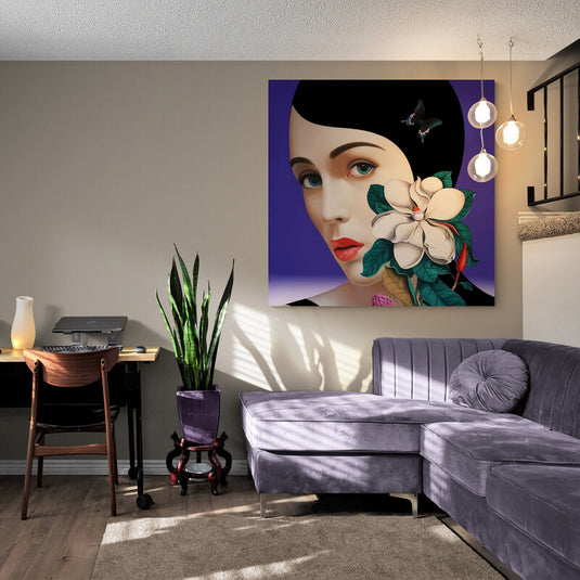 Retrato femenino con magnolia y mariposa