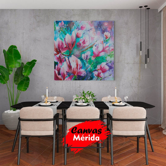 Magnolias rosadas en fondo vibrante