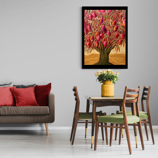 Árbol frutal con mangos rojos - Naturaleza abundante y colorida en cuadro decorativo