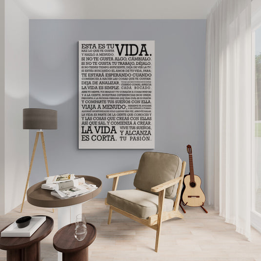 Póster decorativo en blanco y negro del Manifiesto de Holstee con texto motivacional en español y diseño tipográfico moderno, ideal para decoración minimalista en oficina, estudio o sala inspiradora.