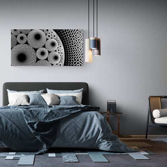 "Diseño geométrico en blanco y negro con patrones tribales y mandalas"