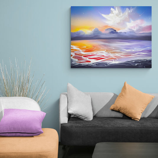 Pintura abstracta que representa un cielo de amanecer reflejado en el agua