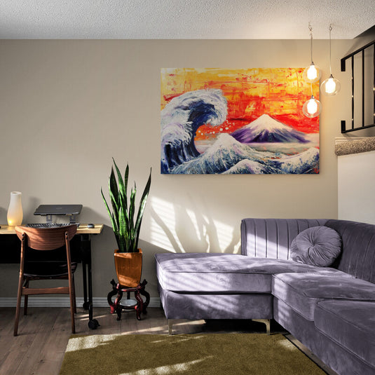 Pintura de olas poderosas con montañas tranquilas y cielo de tonos cálidos al fondo