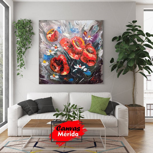 Amapolas rojas y margaritas en fondo expresivo