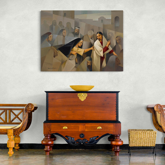 Jesús sanando a la mujer enferma en medio de una multitud.