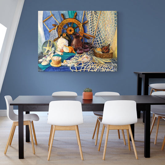 Pintura al óleo de objetos náuticos con timón y conchas marinas