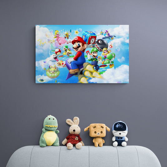 Cuadro decorativo Mario Bros con Luigi, Yoshi y personajes clásicos en mundo colorido