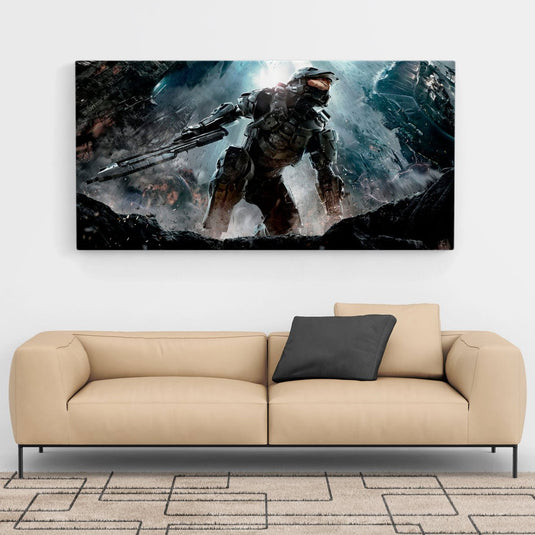 Cuadro decorativo épico de Master Chief en batalla futurista  arte gamer para habitaciones modernas
