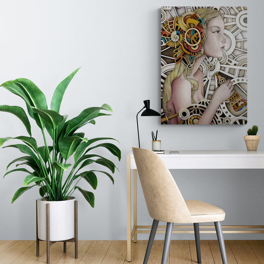 Retrato artístico de mujer con elementos mecánicos steampunk en estilo realista