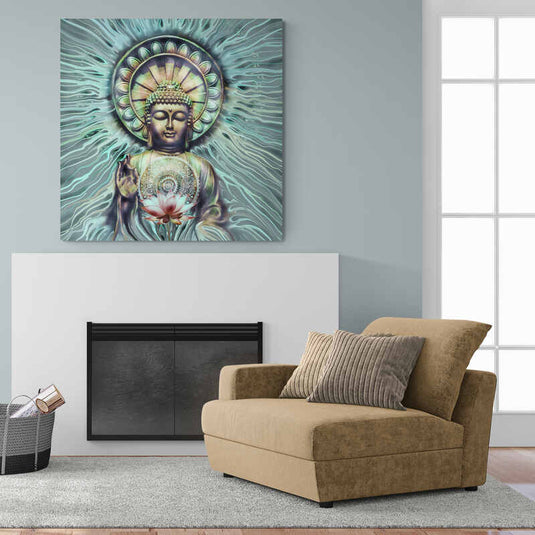 Representación de Buda meditando con halo radiante y loto, en tonos verdes y turquesas.