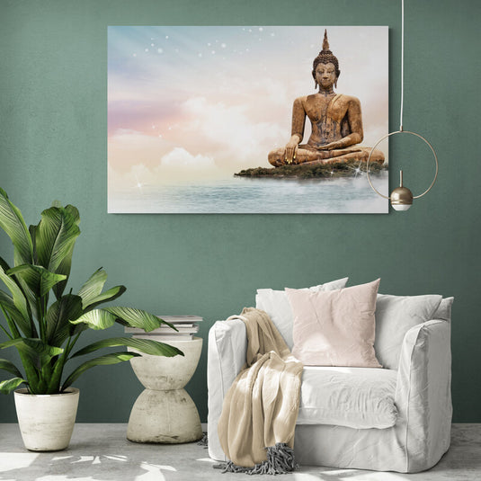 Estatua de Buda en paisaje sereno con agua y cielo pastel